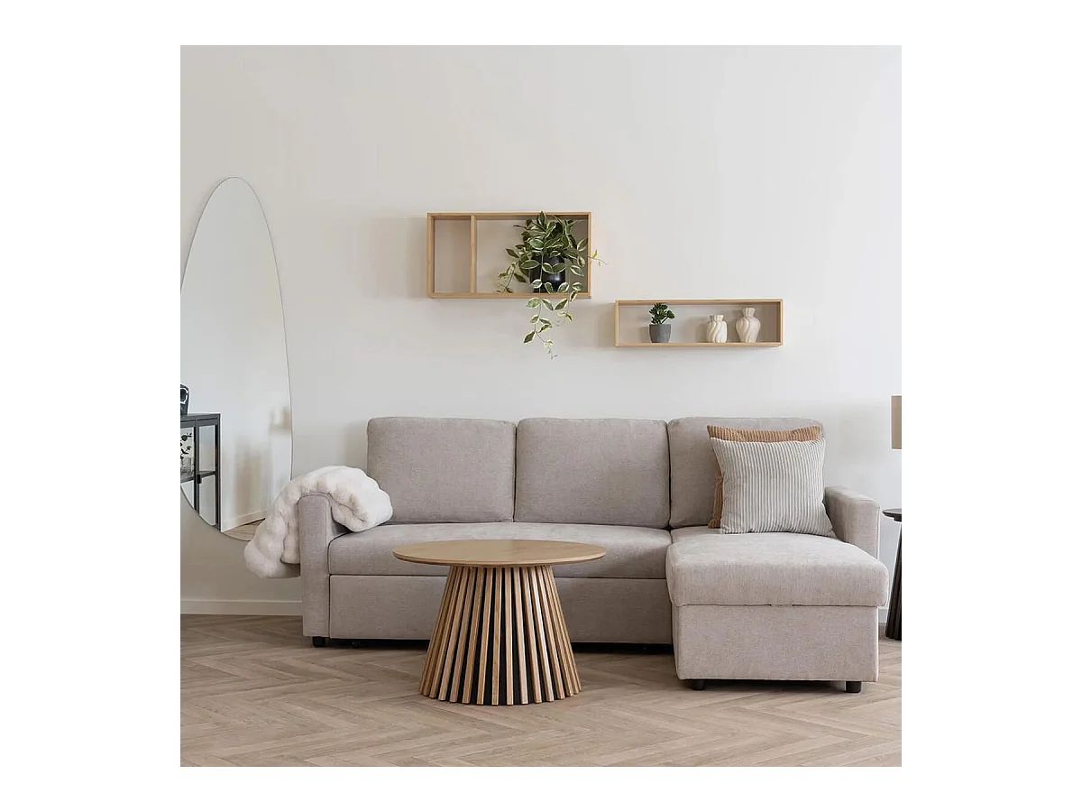 SAREK - Canapé Convertible Méridienne-coffre Réversible en Tissu Beige
