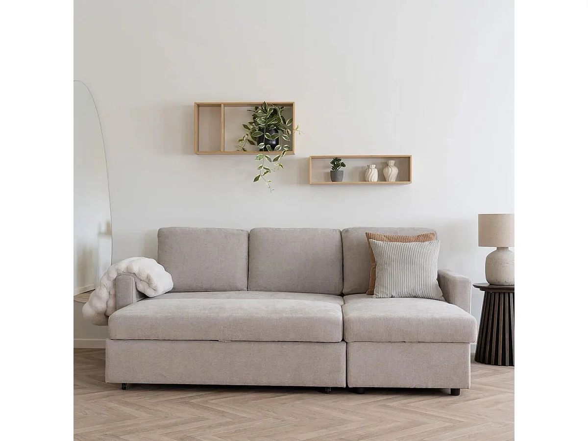SAREK - Canapé Convertible Méridienne-coffre Réversible en Tissu Beige