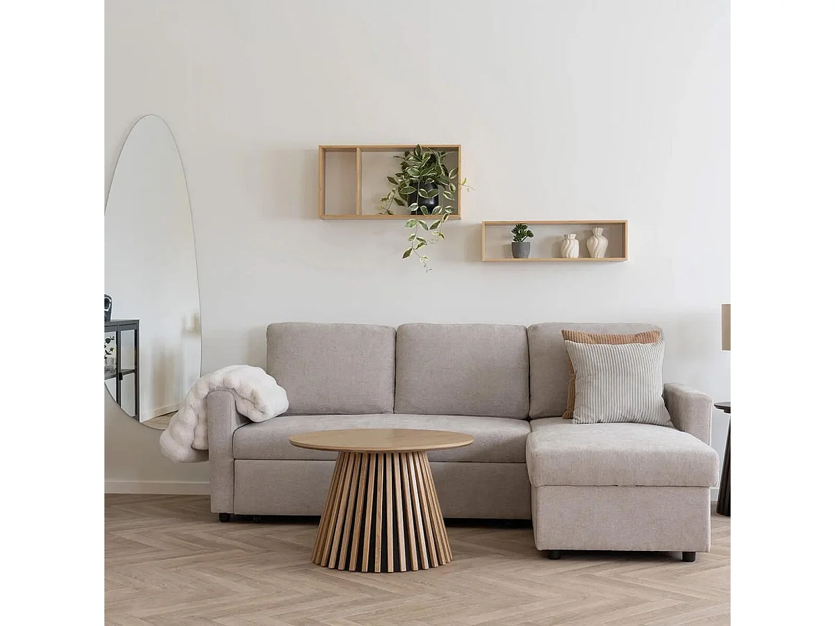 SAREK - Canapé Convertible Méridienne-coffre Réversible en Tissu Beige