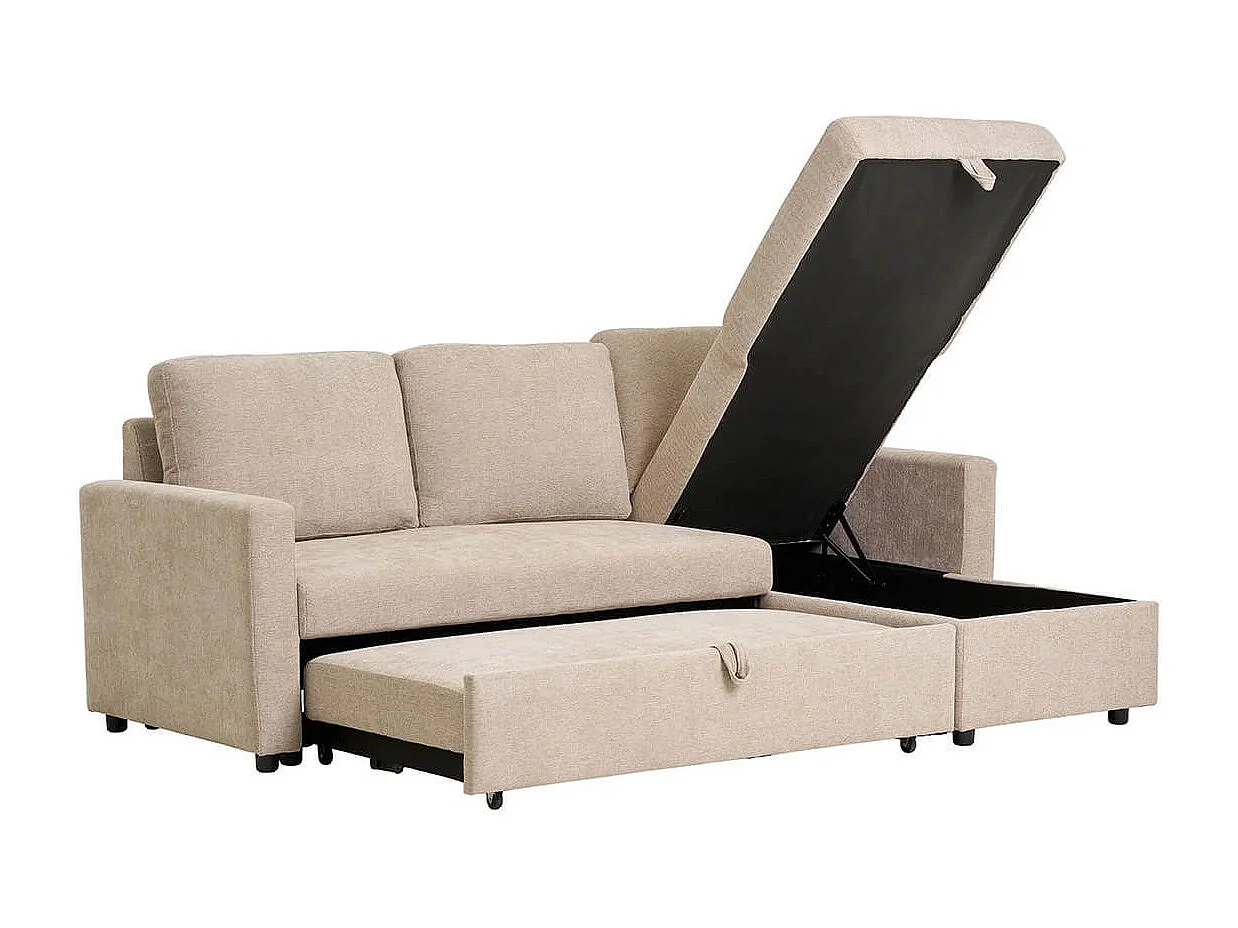 SAREK - Canapé Convertible Méridienne-coffre Réversible en Tissu Beige