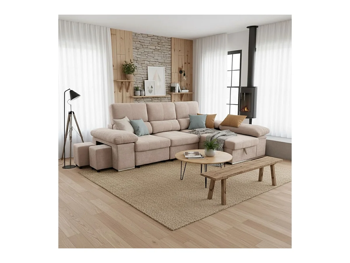 Sofá cama chaiselongue Nadia 2 taburetes + arcón derecha beige 107x217x145 cm