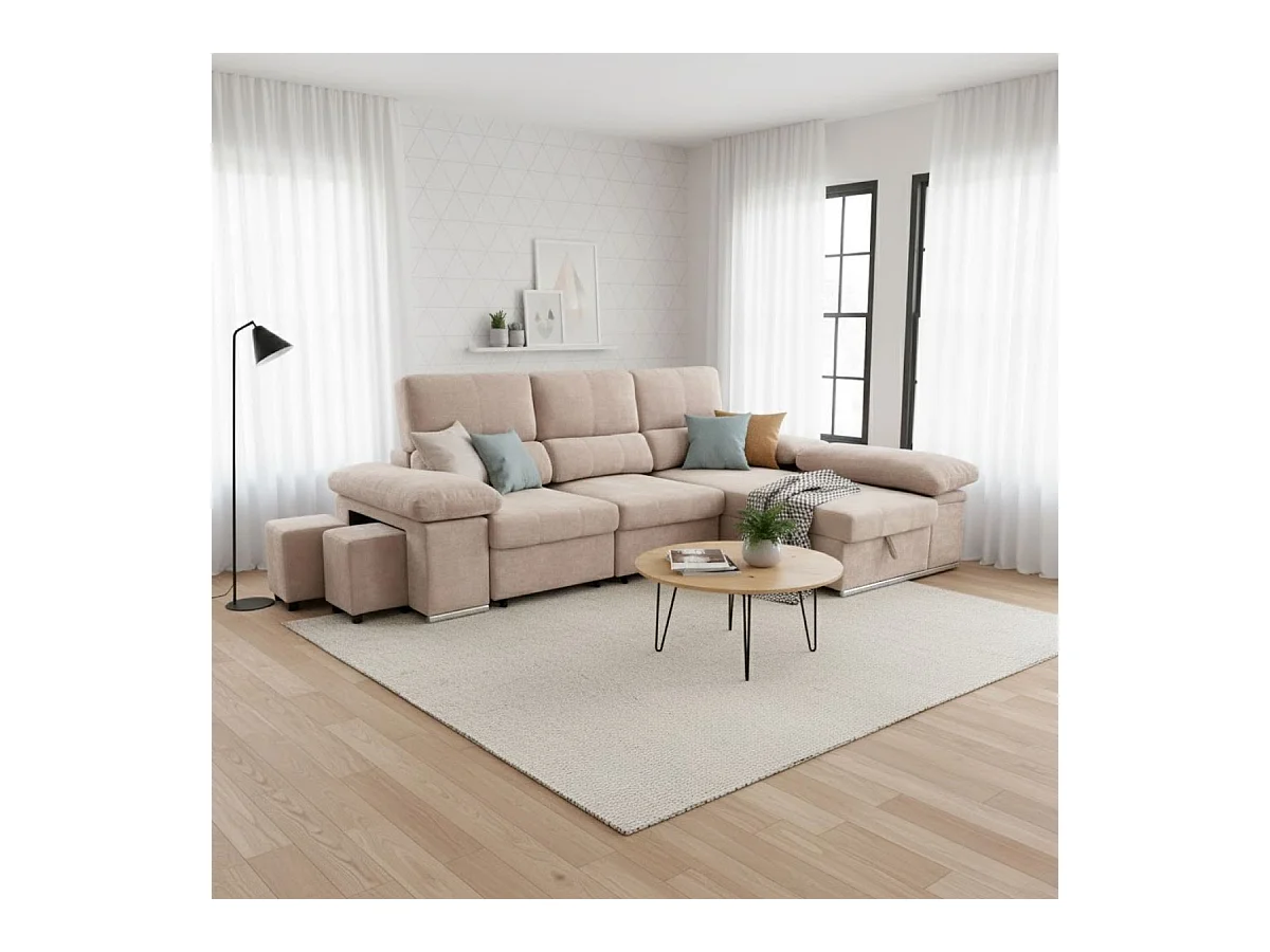 Sofá cama chaiselongue Nadia 2 taburetes + arcón derecha beige 107x217x145 cm