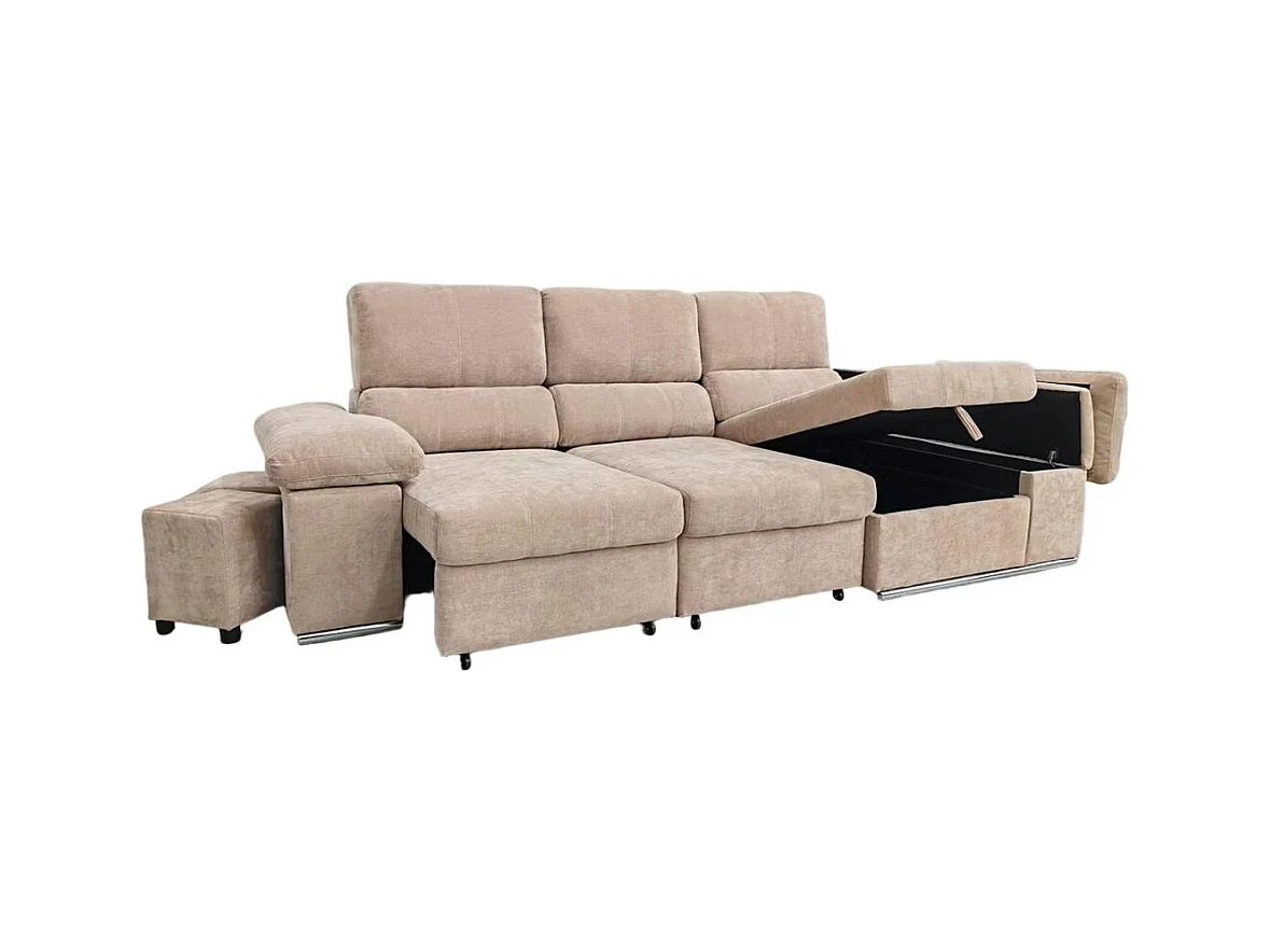 Sofá cama chaiselongue Nadia 2 taburetes + arcón derecha beige 107x217x145 cm