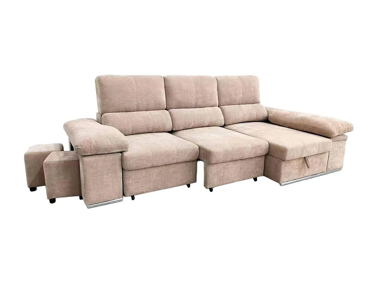 Sofá cama chaiselongue Nadia 2 taburetes + arcón derecha beige 107x217x145 cm