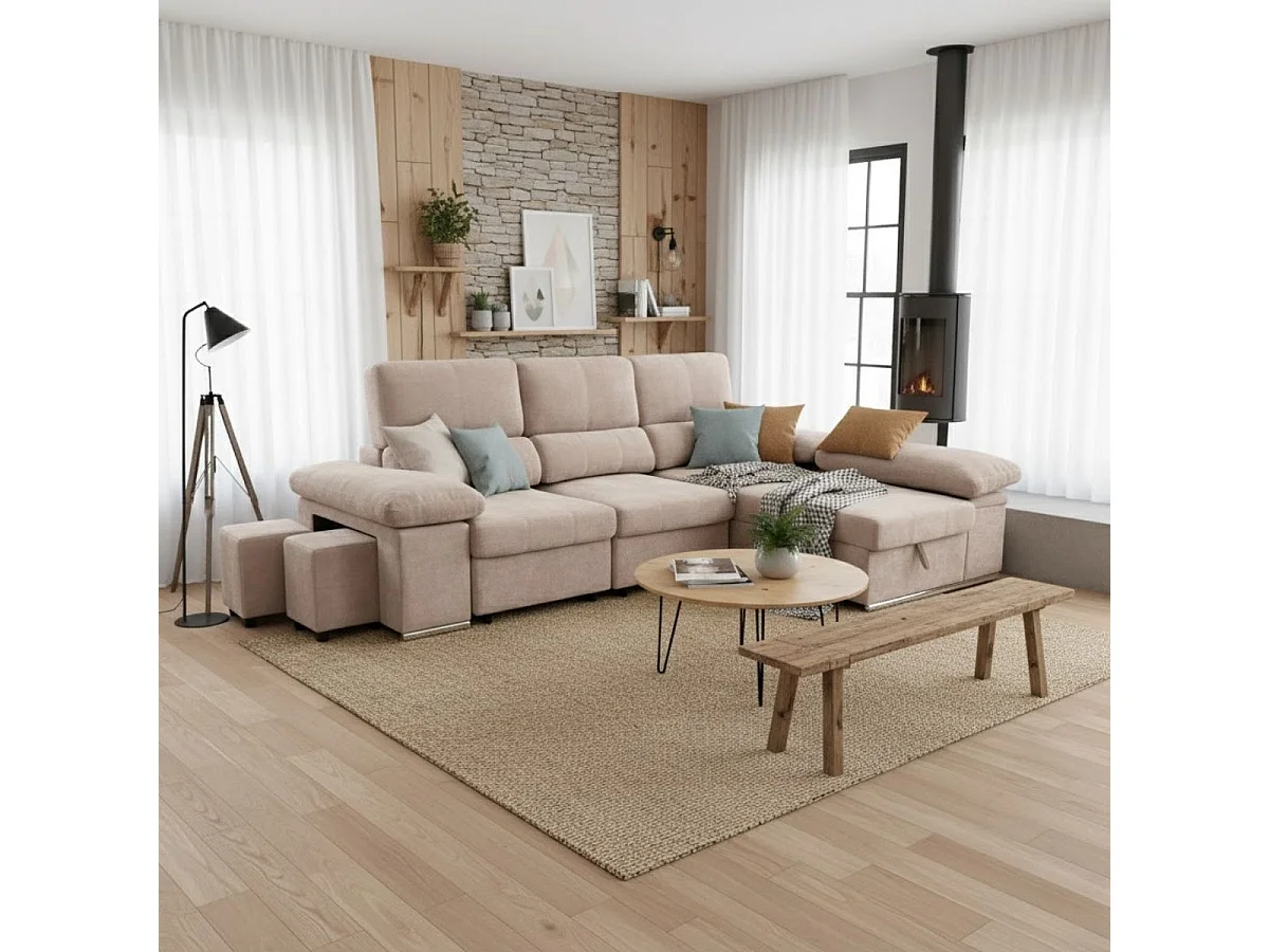 Sofá cama chaiselongue Nadia 2 taburetes + arcón derecha beige 107x285x145 cm