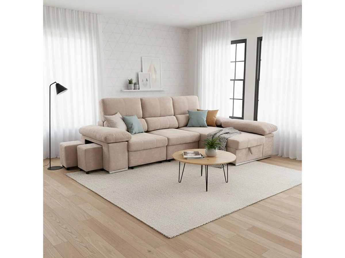 Sofá cama chaiselongue Nadia 2 taburetes + arcón derecha beige 107x285x145 cm