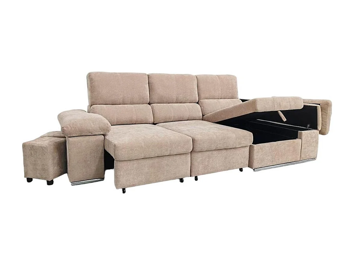 Sofá cama chaiselongue Nadia 2 taburetes + arcón derecha beige 107x285x145 cm