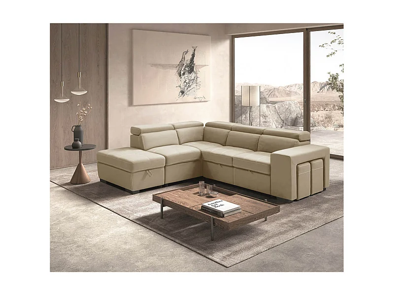 NERA - Canapé d'Angle Gauche Convertible avec 2 Poufs et 1 Coffre Beige