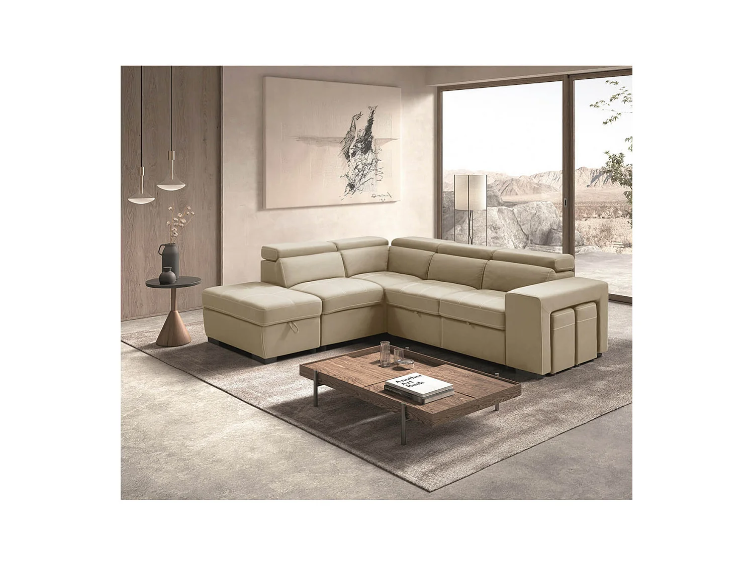 NERA - Canapé d'Angle Gauche Convertible avec 2 Poufs et 1 Coffre Beige