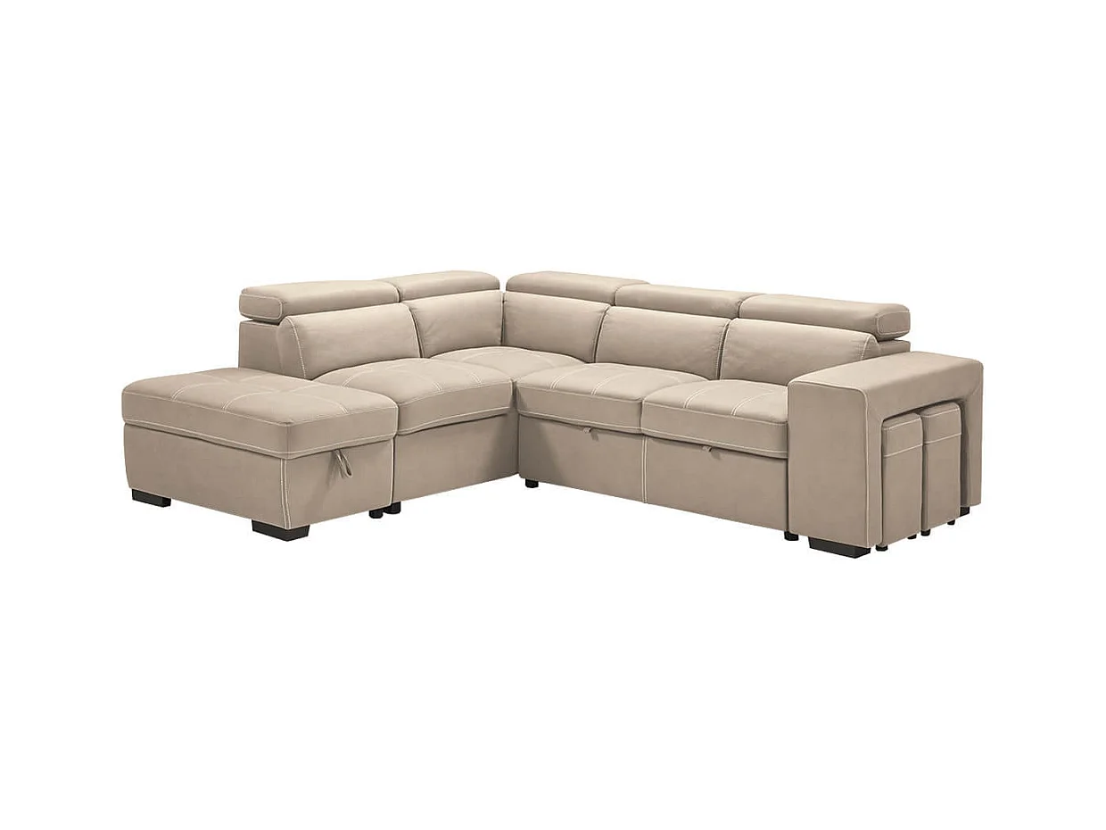 NERA - Canapé d'Angle Gauche Convertible avec 2 Poufs et 1 Coffre Beige
