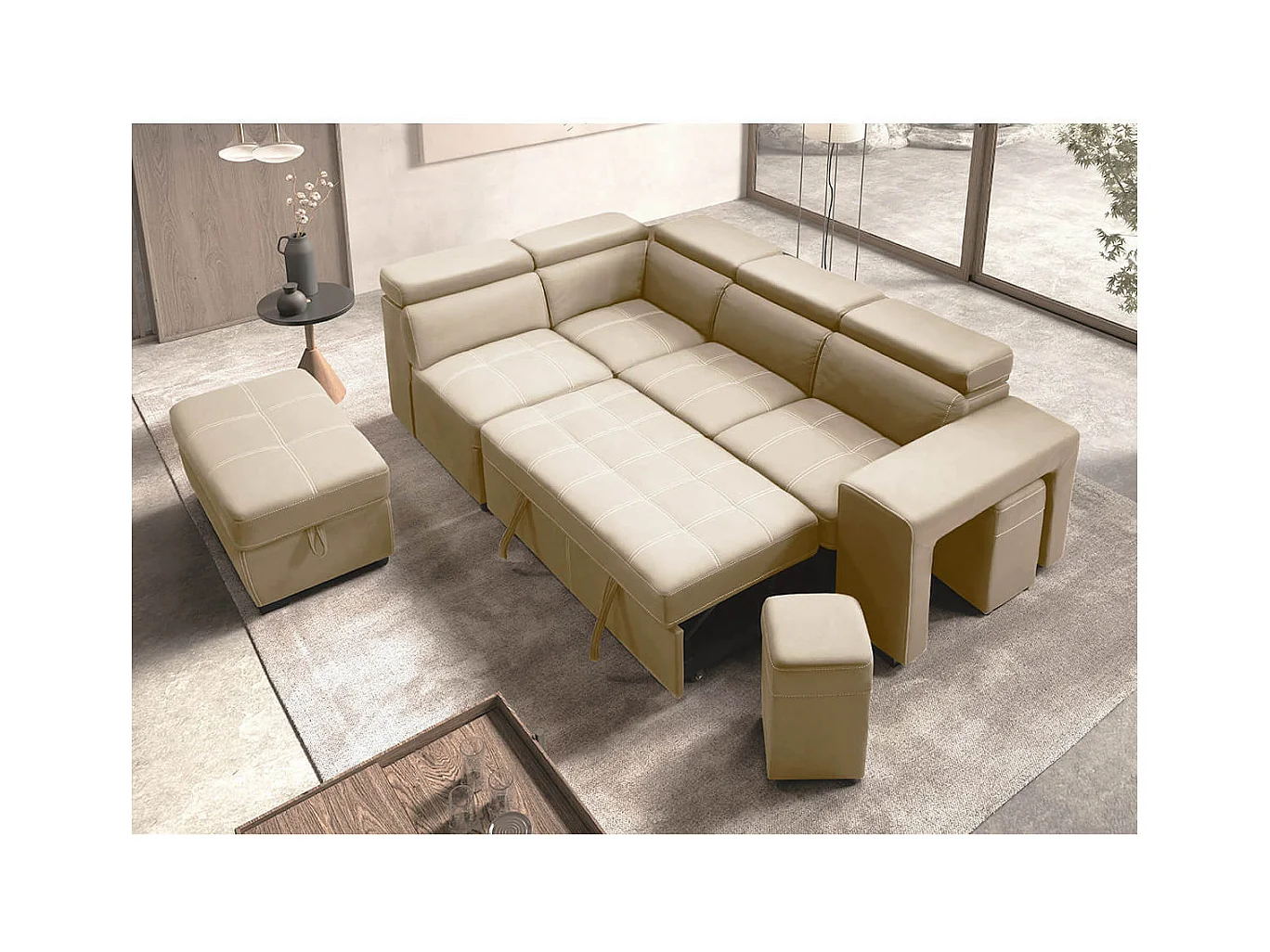 NERA - Canapé d'Angle Gauche Convertible avec 2 Poufs et 1 Coffre Beige