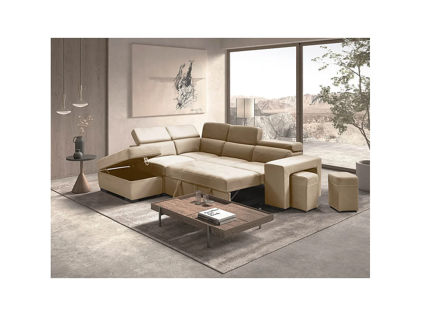 NERA - Canapé d'Angle Gauche Convertible avec 2 Poufs et 1 Coffre Beige