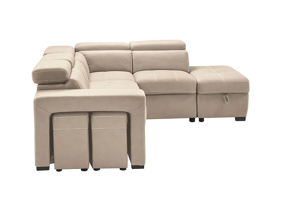 NERA - Canapé d'Angle Gauche Convertible avec 2 Poufs et 1 Coffre Beige
