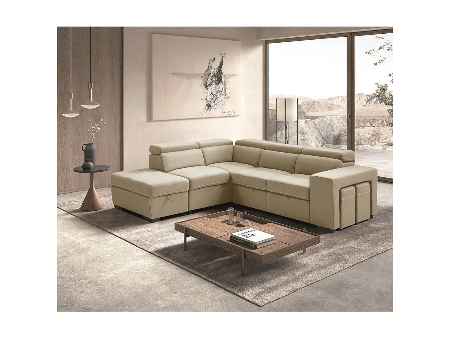 NERA - Canapé d'Angle Gauche Convertible avec 2 Poufs et 1 Coffre Beige