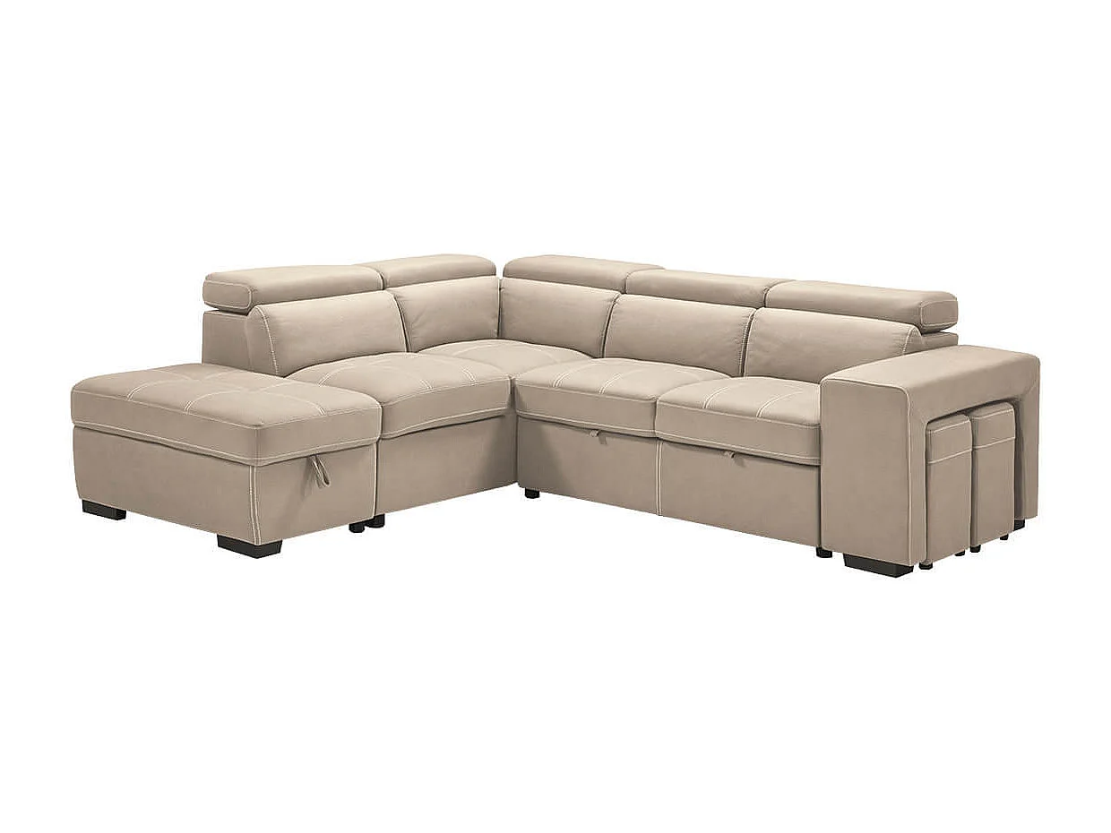 NERA - Canapé d'Angle Gauche Convertible avec 2 Poufs et 1 Coffre Beige