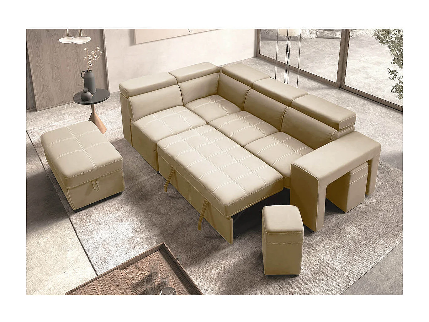 NERA - Canapé d'Angle Gauche Convertible avec 2 Poufs et 1 Coffre Beige