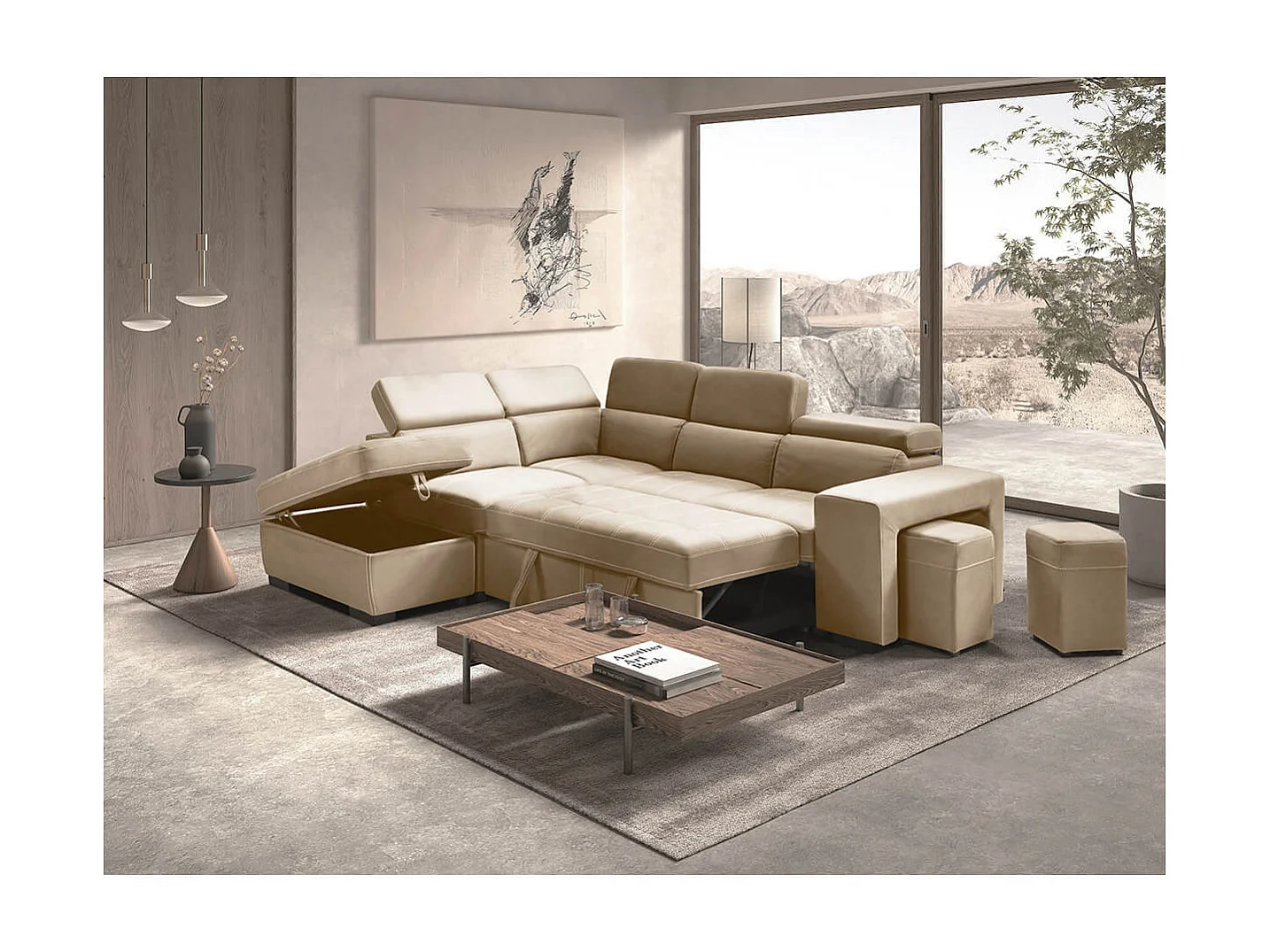 NERA - Canapé d'Angle Gauche Convertible avec 2 Poufs et 1 Coffre Beige