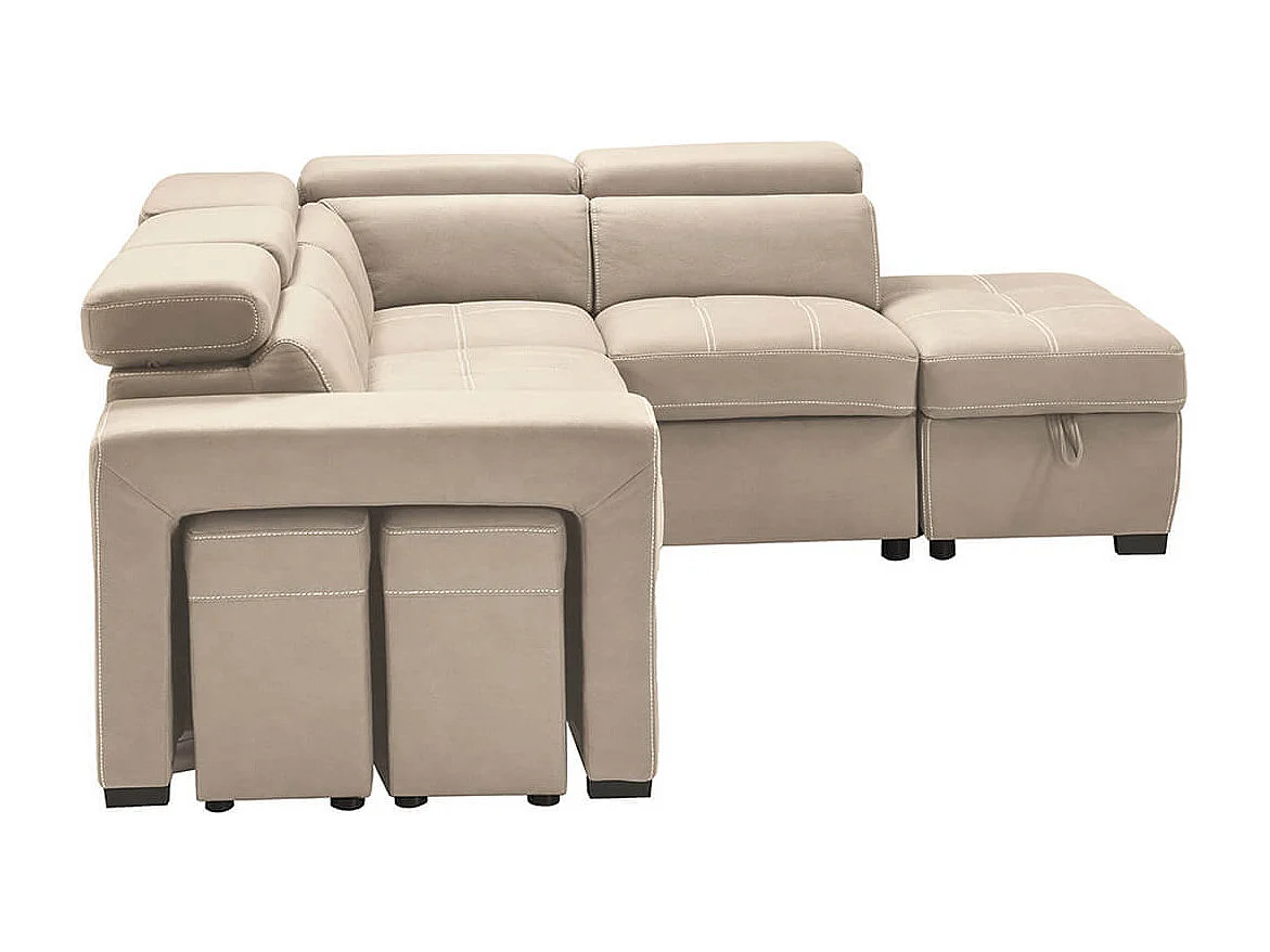 NERA - Canapé d'Angle Gauche Convertible avec 2 Poufs et 1 Coffre Beige