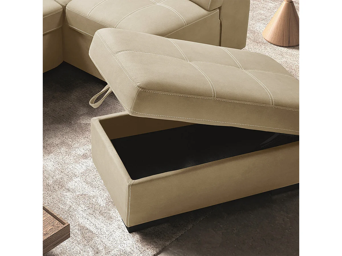 NERA - Canapé d'Angle Gauche Convertible avec 2 Poufs et 1 Coffre Beige