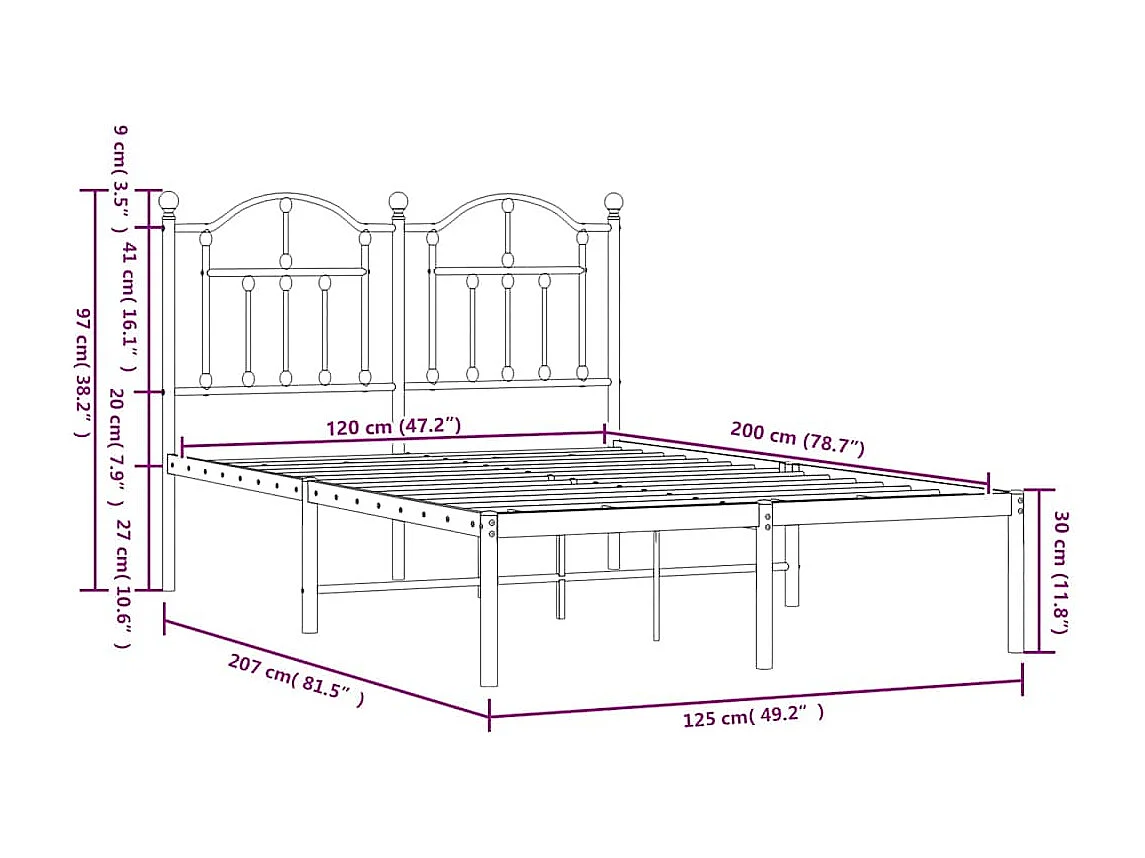 Cadre de lit métal sans matelas avec tête de lit noir 120x200cm