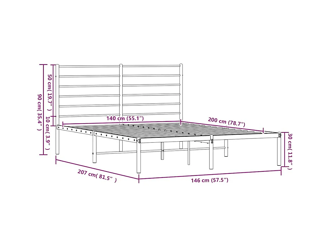 Cadre de lit métal sans matelas avec tête de lit noir 140x200cm