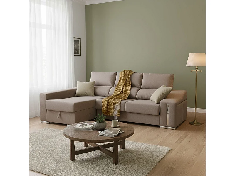 Sofá chaiselongue Ares 3 plazas con arcón y 2 taburetes tela nevada choco frente izquierda