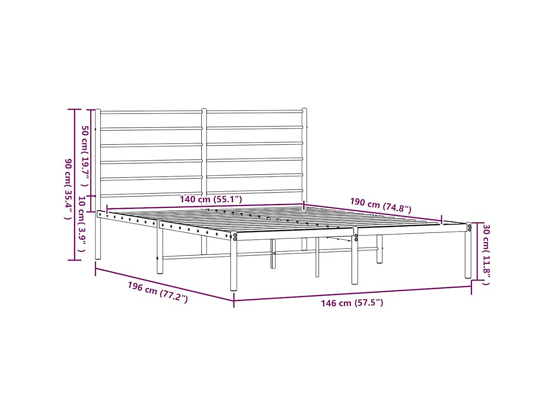Cadre de lit métal sans matelas avec tête de lit noir 140x190cm
