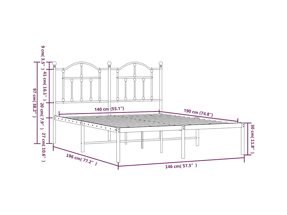 Estructura cama sin colchón con cabecero metal negro 140x190 cm