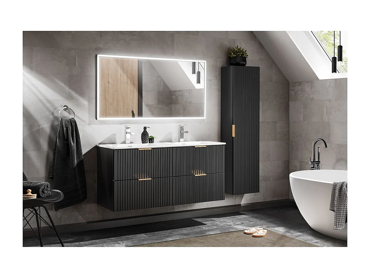 Meubles sous vasque NOXERA 120 cm avec double vasque encastrée et 2 siphons - Colonne de rangement - Miroir rectangulaire LED