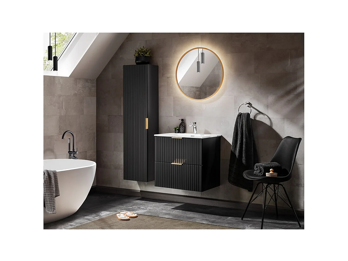 Meuble sous vasque NOXERA 60 cm – Noir mat – Vasque encastrée + miroir LED + colonne suspendue + siphon