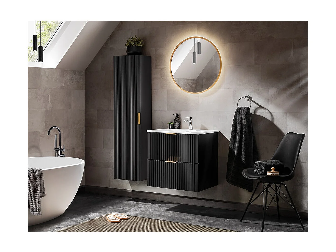 Meuble sous vasque NOXERA 60 cm – Noir mat – Vasque encastrée + siphon + miroir LED + colonne suspendue