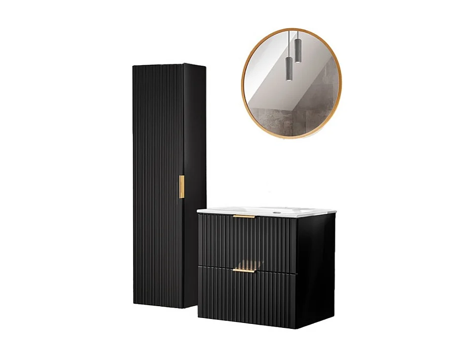 Meuble sous vasque NOXERA 60 cm – Noir mat – Vasque encastrée + siphon + miroir LED + colonne suspendue