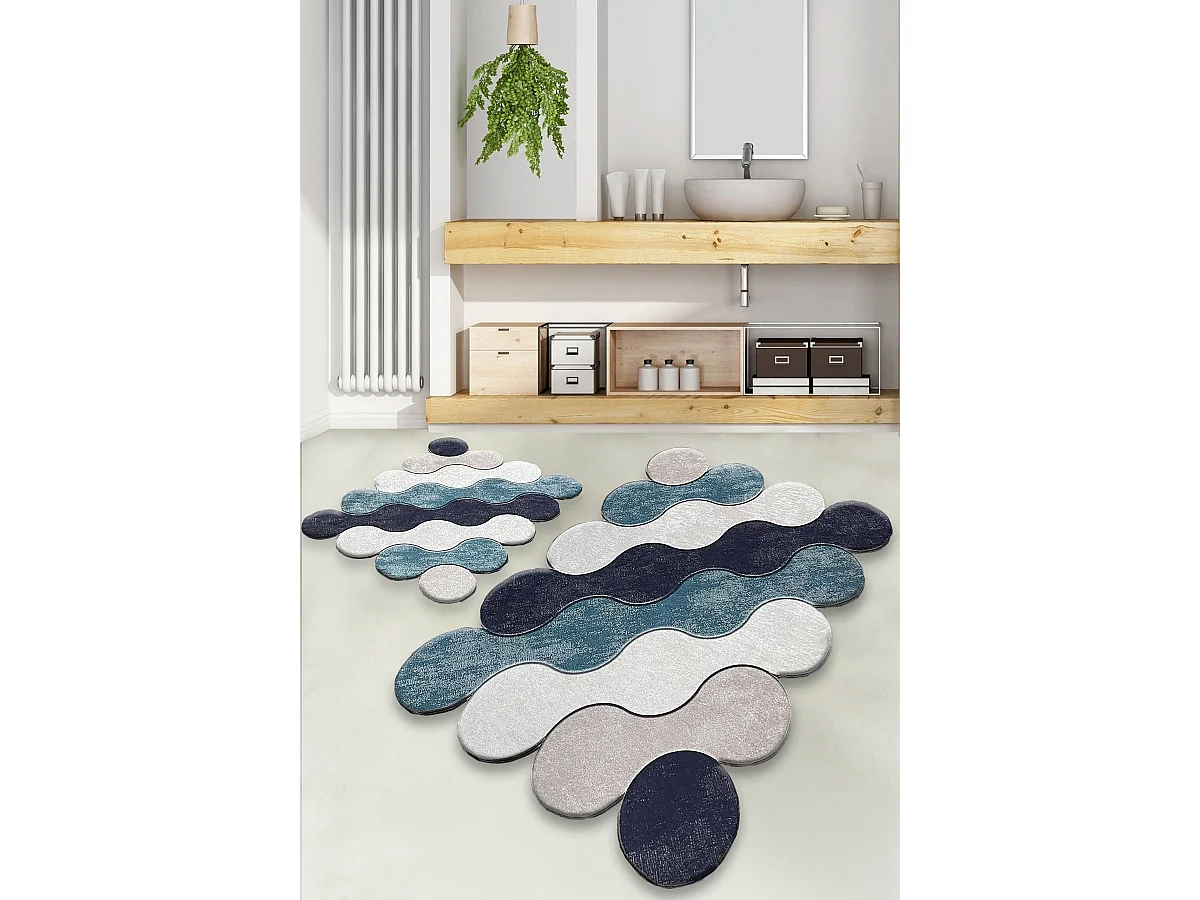 Alfombra de baño Set (2 piezas) Circle  azul oscuro beige blanco
