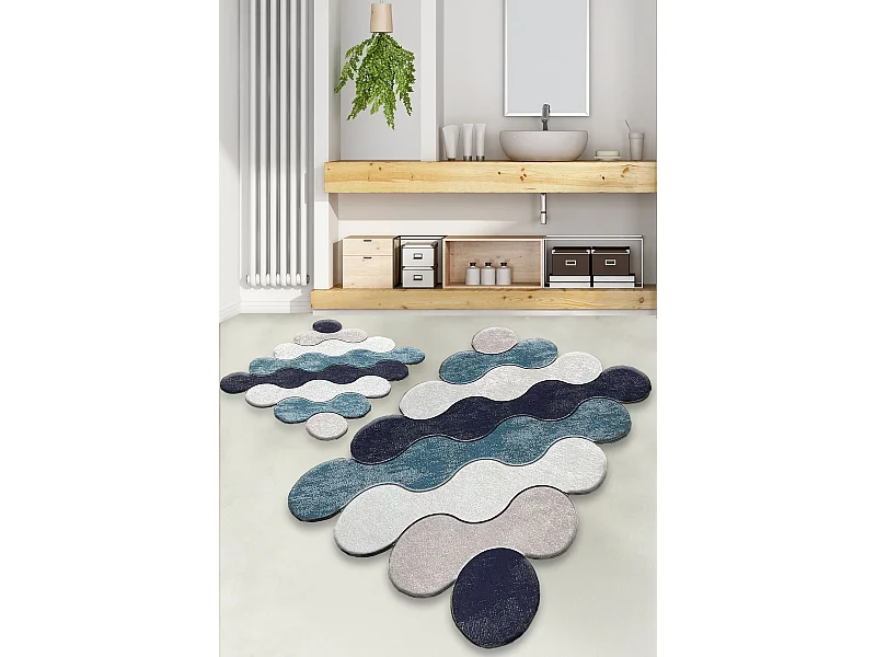 Alfombra de baño Set (2 piezas) Circle  azul oscuro beige blanco