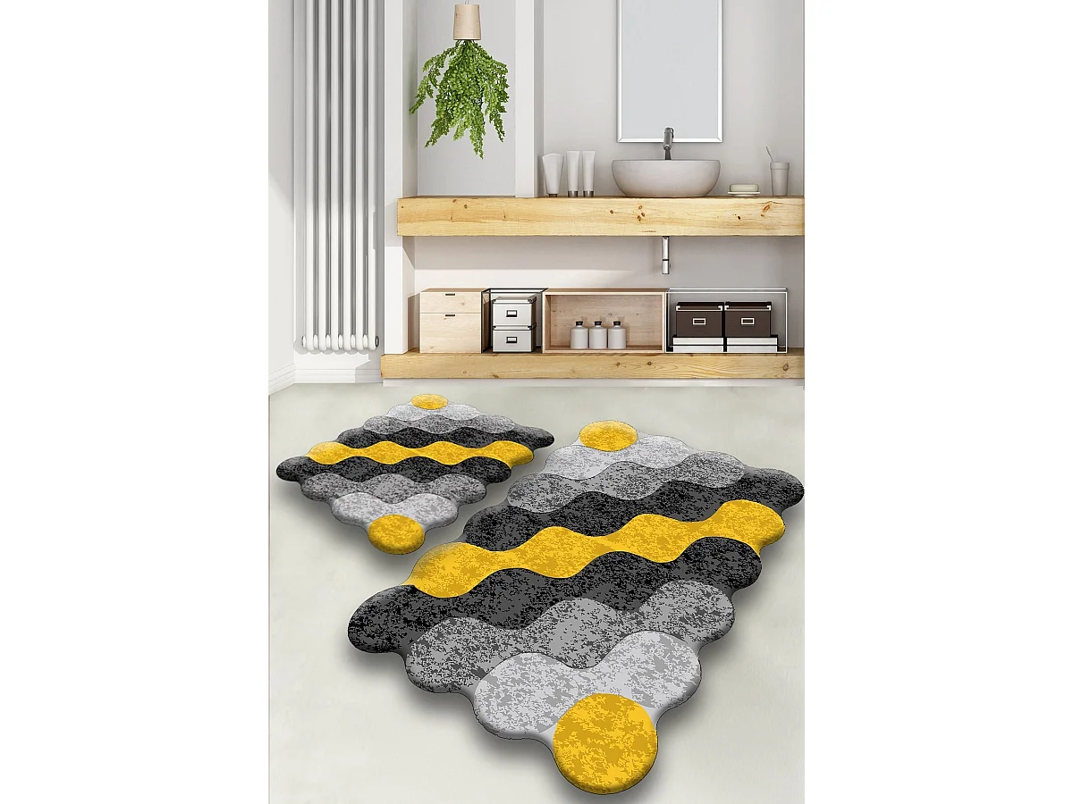 Set Badematten aus Polyester, rutschfest, Circle-Set - Gelb