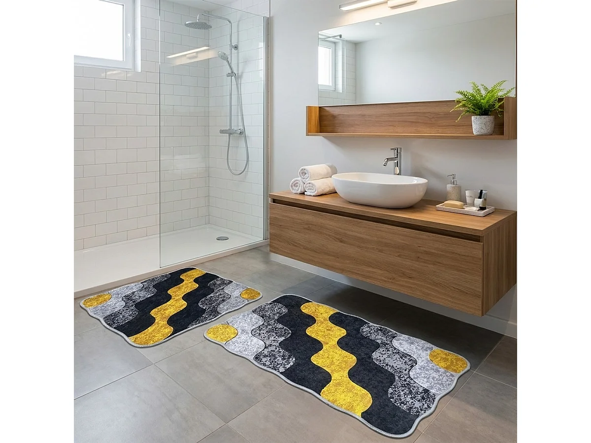 Set Badematten aus Polyester, rutschfest, Circle-Set - Gelb