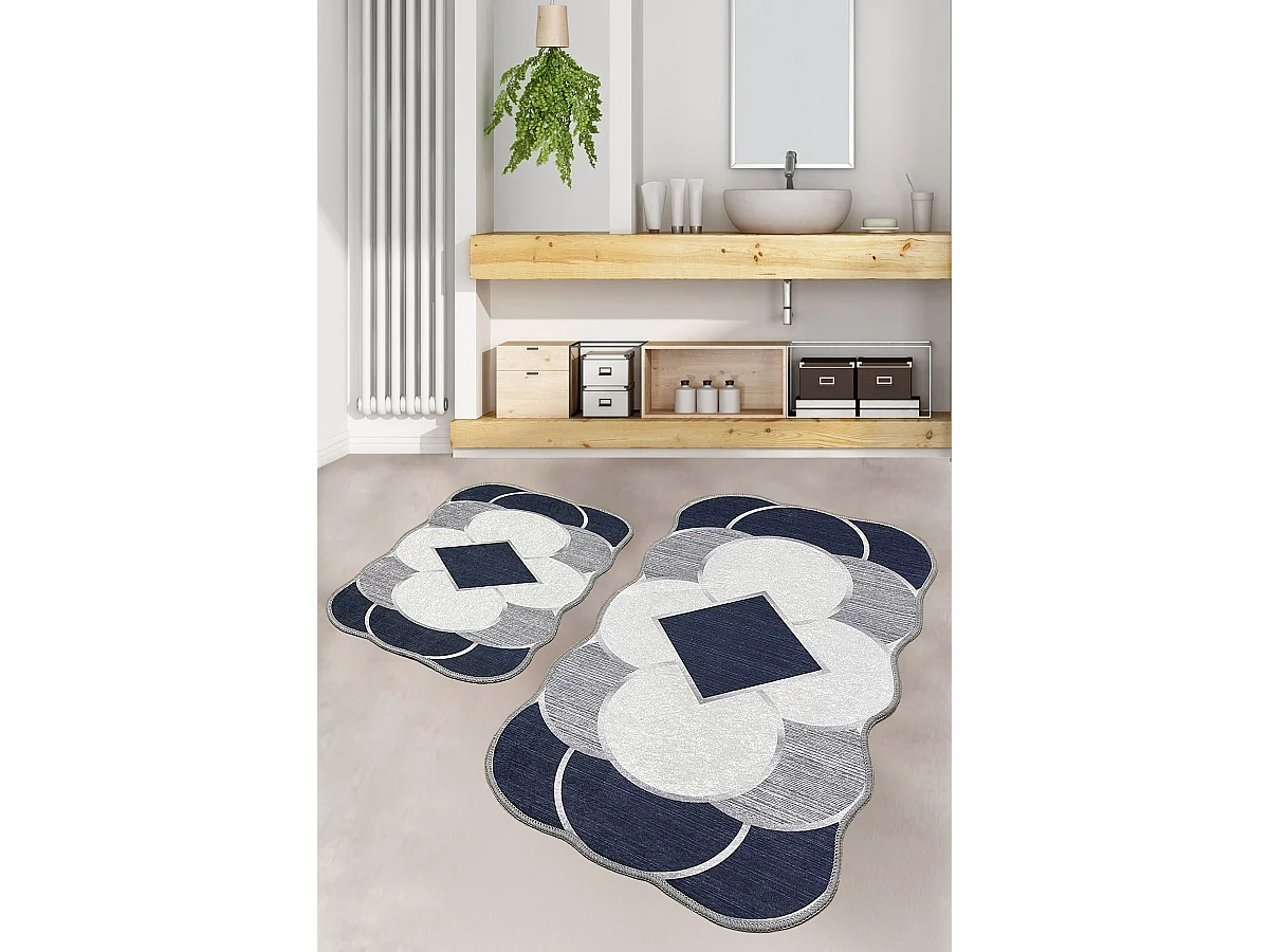 Alfombra de baño Set (2 piezas) Corte blanco gris azul oscuro