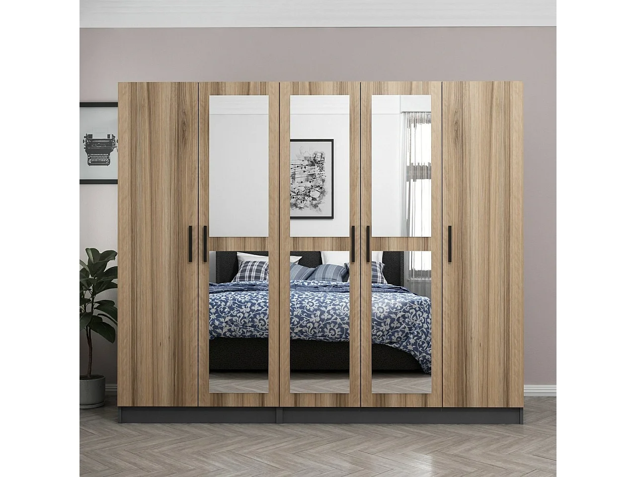 Guardaroba Kailua L142, Quercia|Antracite, 190x225x52cm, Porte guardaroba: Con cerniere