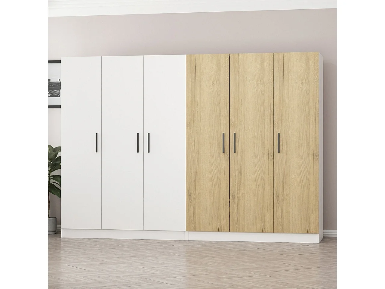 Guardaroba Kailua L160, Bianco|Noce, 190x270x52cm, Porte guardaroba: Con cerniere