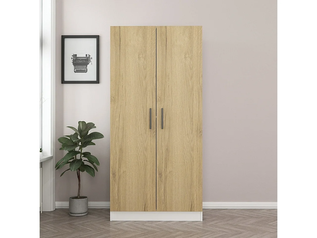 Guardaroba Kailua L100, Noce|Bianco, 190x90x52cm, Porte guardaroba: Con cerniere