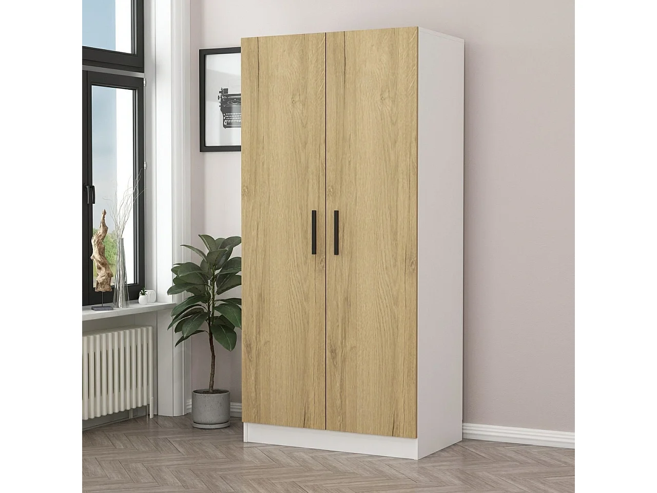 Guardaroba Kailua L100, Noce|Bianco, 190x90x52cm, Porte guardaroba: Con cerniere