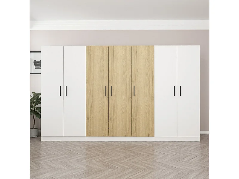 Guardaroba Kailua L165, Noce|Bianco, 190x315x52cm, Porte guardaroba: Con cerniere