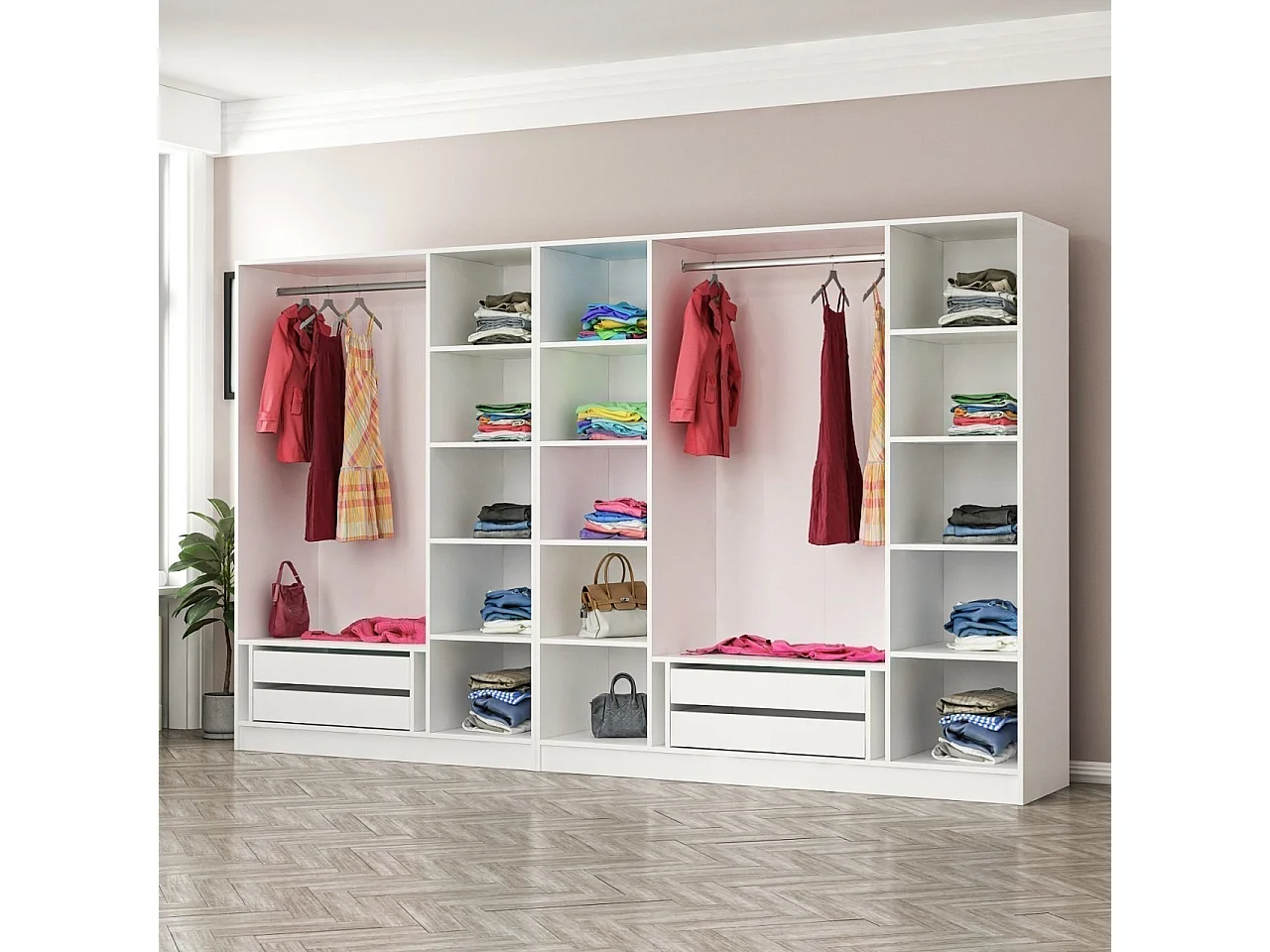 Guardaroba Kailua L157, Bianco, 210x315x52cm, Porte guardaroba: Con cerniere