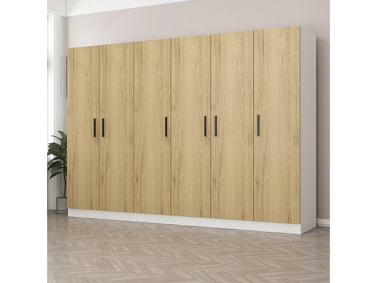 Guardaroba Kailua L253, Bianco|Noce, 210x270x52cm, Porte guardaroba: Con cerniere