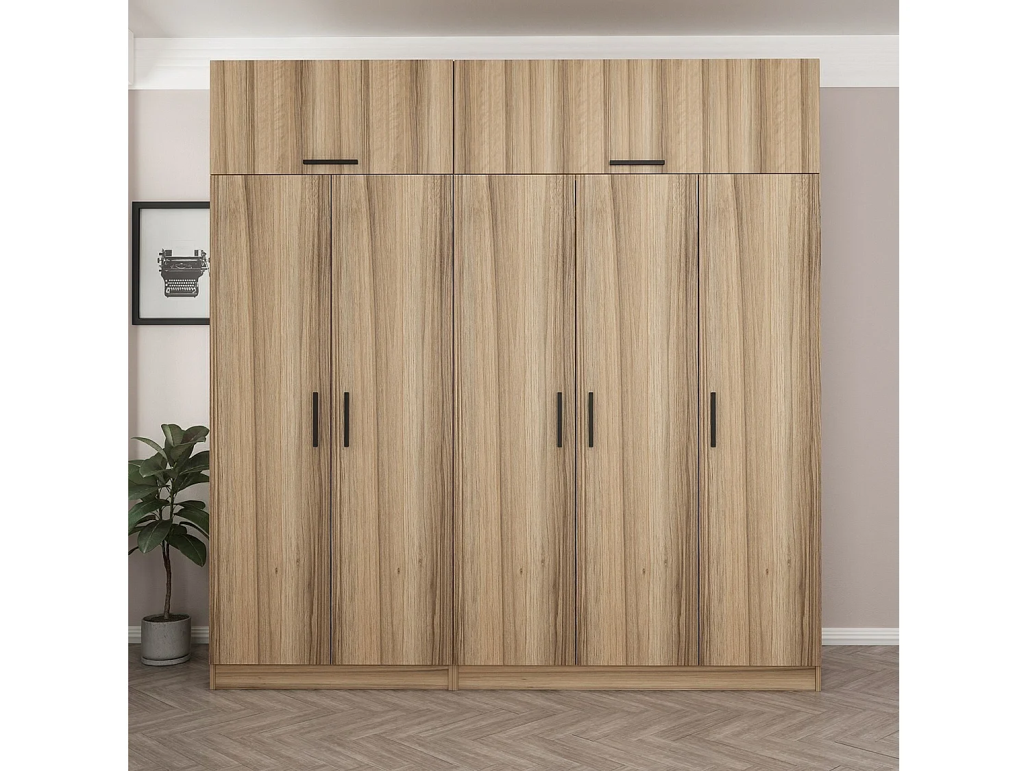 Guardaroba Kailua L264, Quercia, 255x225x52cm, Porte guardaroba: Con cerniere