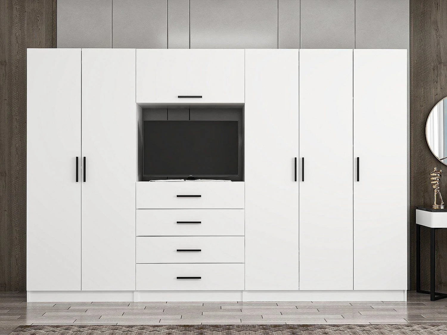 Guardaroba Kailua N142, Bianco, 210x315x52cm, Porte guardaroba: Con cerniere