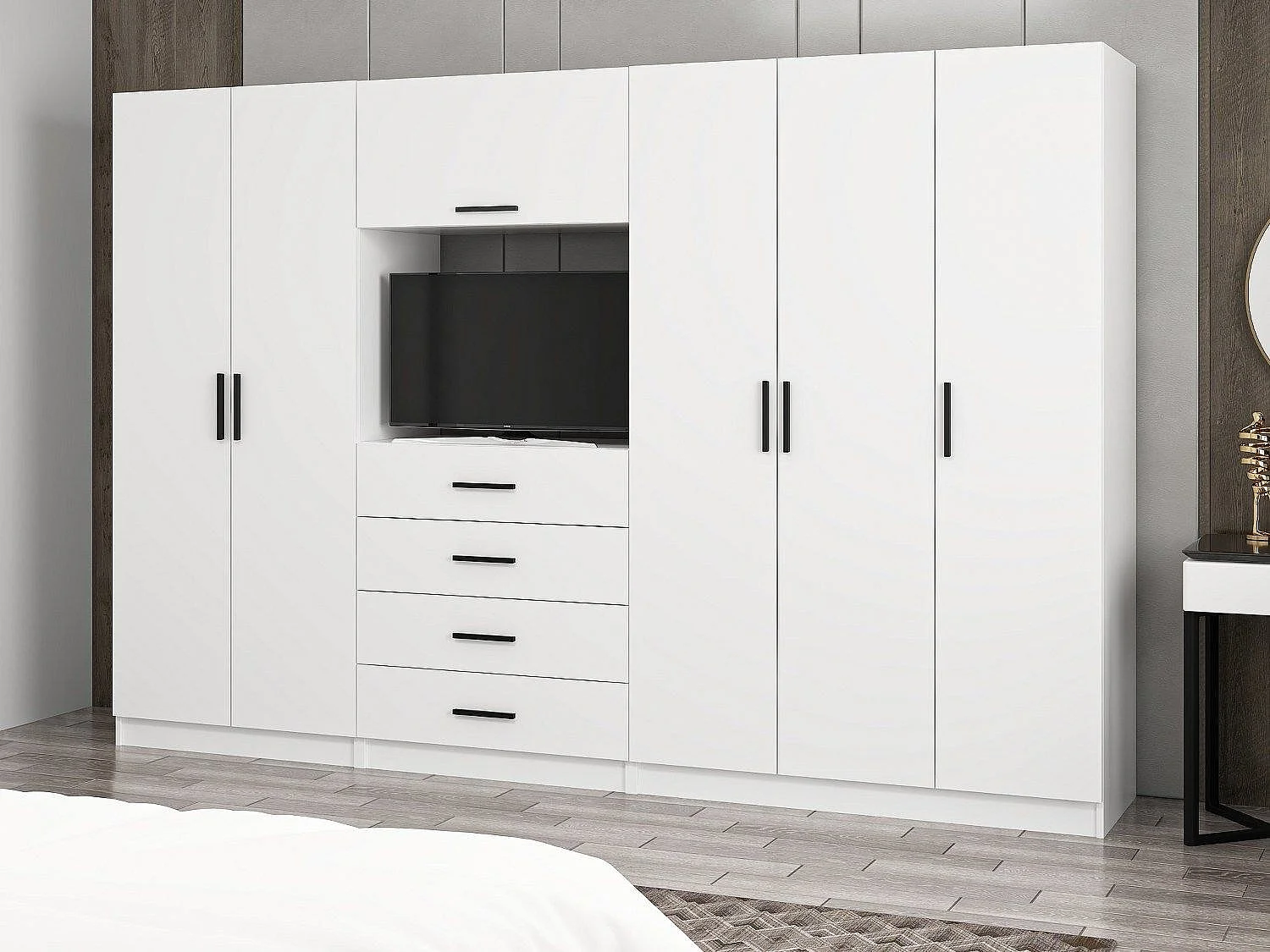 Guardaroba Kailua N142, Bianco, 210x315x52cm, Porte guardaroba: Con cerniere