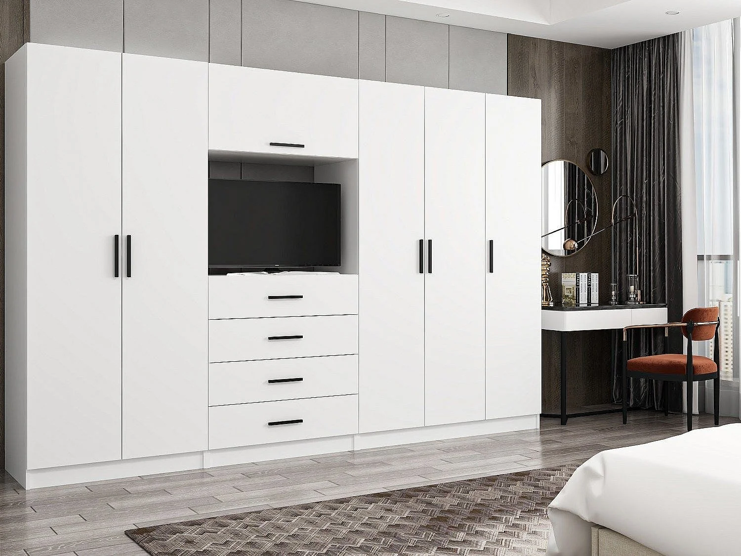 Guardaroba Kailua N142, Bianco, 210x315x52cm, Porte guardaroba: Con cerniere