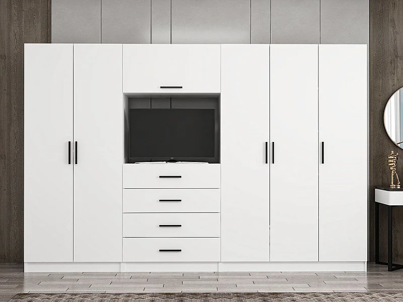 Guardaroba Kailua N142, Bianco, 210x315x52cm, Porte guardaroba: Con cerniere