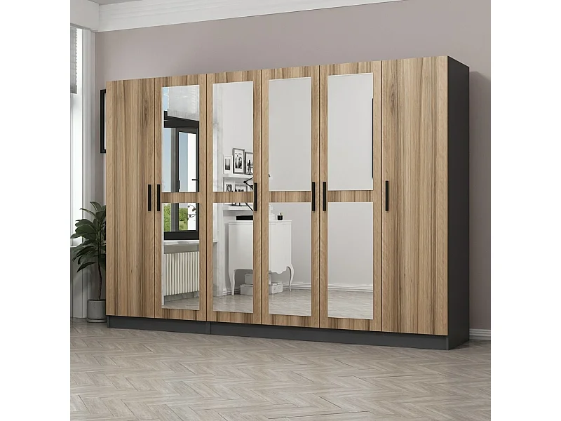 Guardaroba Kailua L316, Antracite|Quercia, 210x225x52cm, Porte guardaroba: Con cerniere